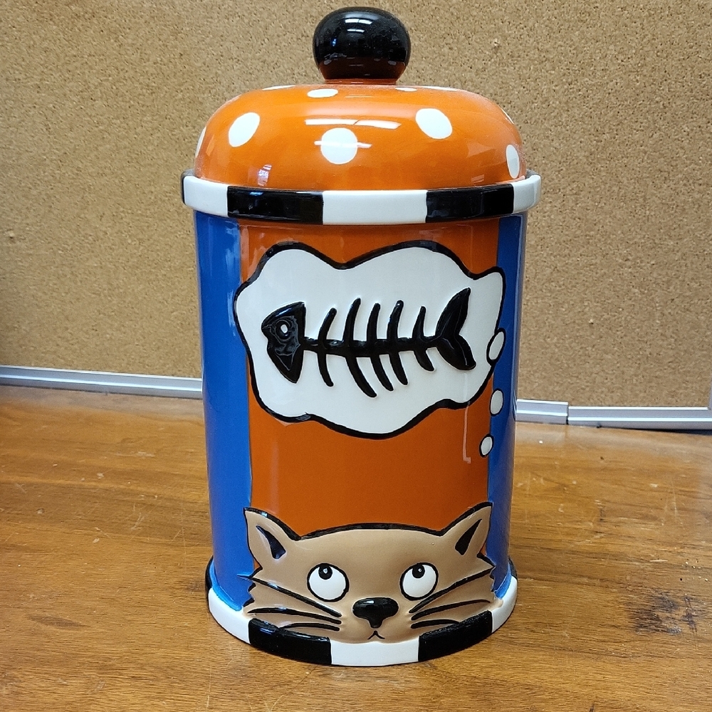 Colorful Cat Treat Jar with Fishbone Design